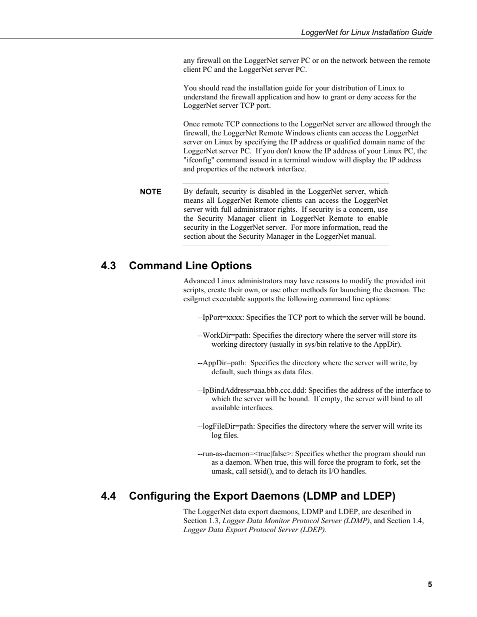 3 command line options, 4 configuring the export daemons (ldmp and ldep), Command line options | Configuring the export daemons (ldmp and ldep) | Campbell Scientific LoggerNet for Linux Installation Guide User Manual | Page 9 / 12
