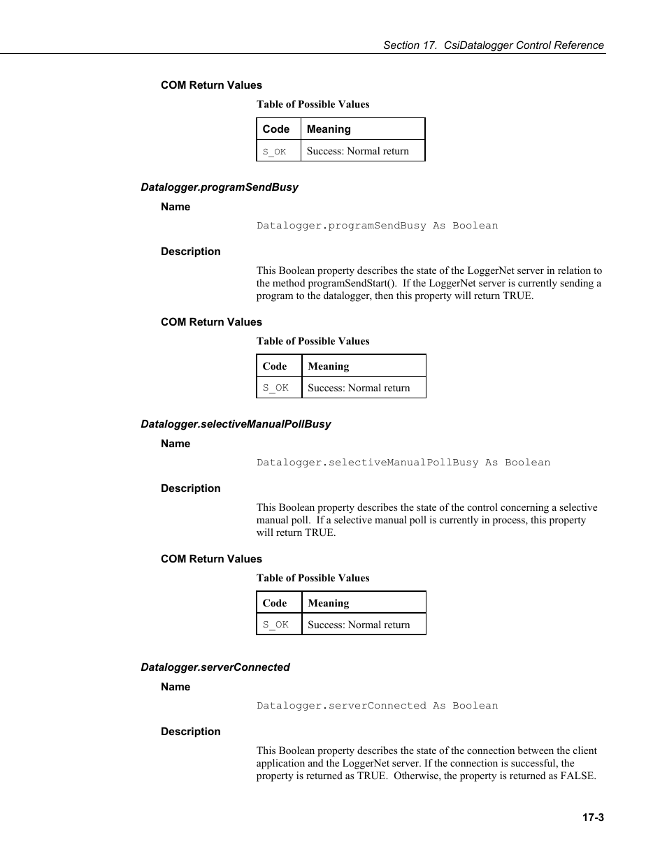 Com return values, Datalogger.programsendbusy, Name | Description, Datalogger.selectivemanualpollbusy, Datalogger.serverconnected | Campbell Scientific LoggerNet-SDK Software Development Kit User Manual | Page 101 / 178