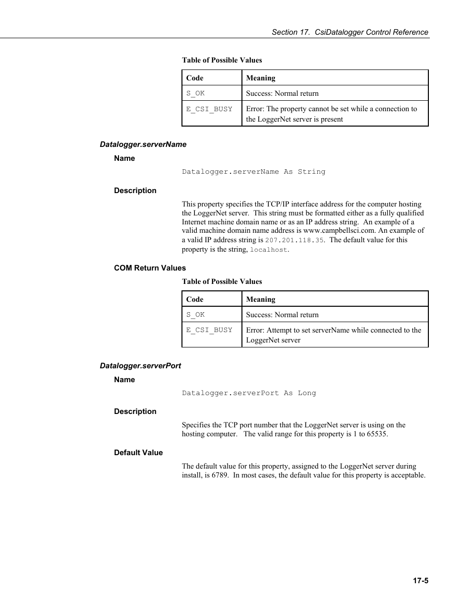 Datalogger.servername, Name, Description | Com return values, Datalogger.serverport, Default value | Campbell Scientific LoggerNet-SDK Software Development Kit User Manual | Page 103 / 178
