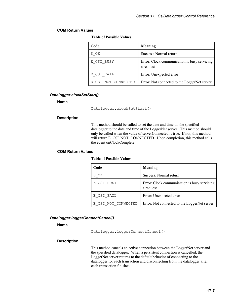 Com return values, Datalogger.clocksetstart(), Name | Description, Datalogger.loggerconnectcancel() | Campbell Scientific LoggerNet-SDK Software Development Kit User Manual | Page 105 / 178