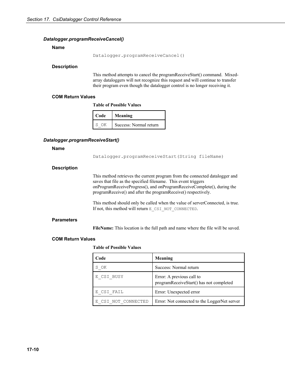 Datalogger.programreceivecancel(), Name, Description | Com return values, Datalogger.programreceivestart(), Parameters | Campbell Scientific LoggerNet-SDK Software Development Kit User Manual | Page 108 / 178