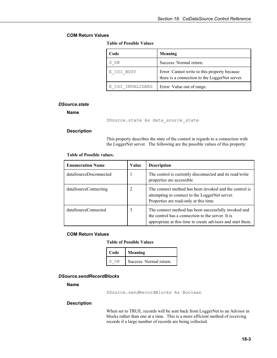 Com return values, Dsource.state, Name | Description, Dsource.sendrecordblocks | Campbell Scientific LoggerNet-SDK Software Development Kit User Manual | Page 127 / 178