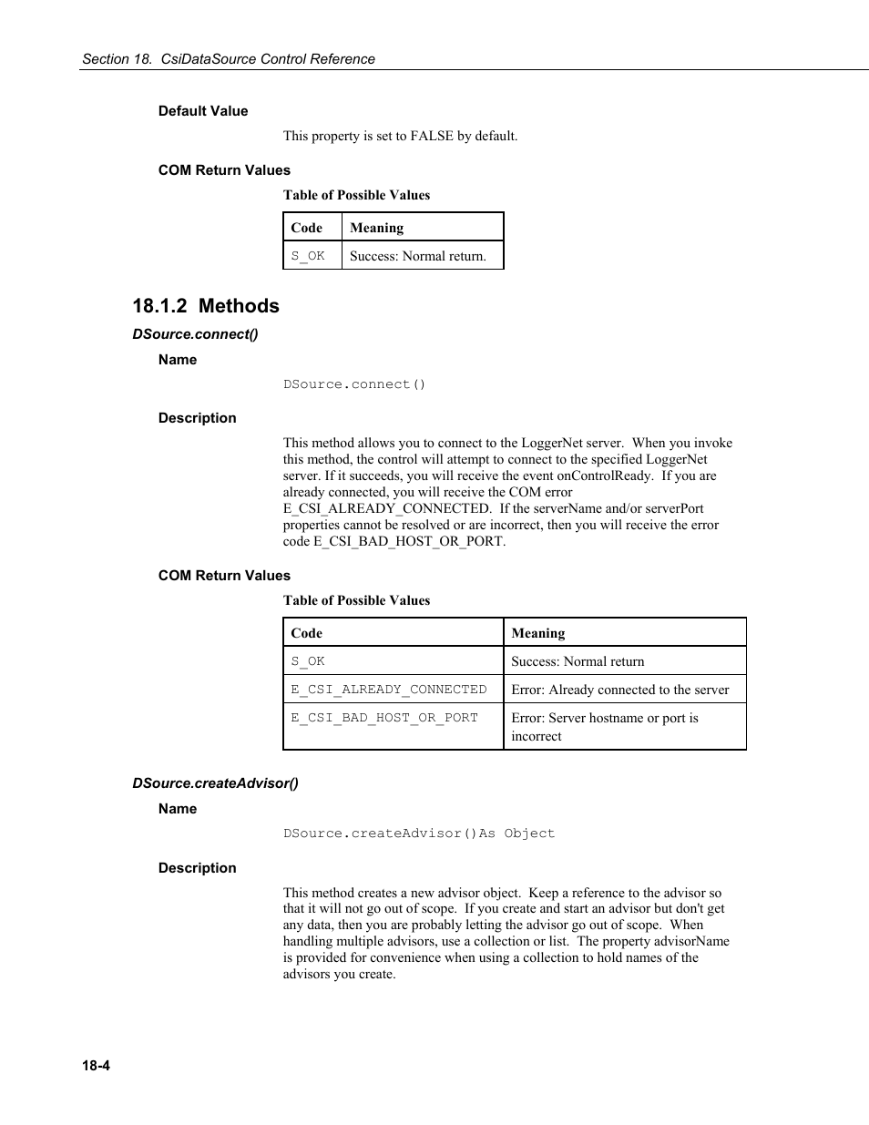 Default value, Com return values, 2 methods | Dsource.connect(), Name, Description, Dsource.createadvisor(), Connect m, Connect method | Campbell Scientific LoggerNet-SDK Software Development Kit User Manual | Page 128 / 178