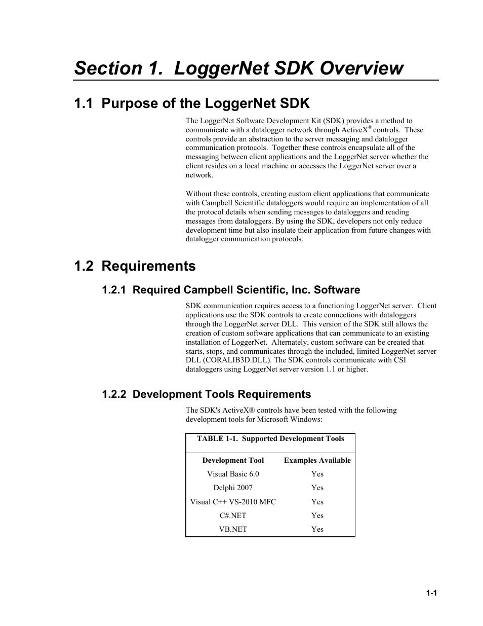 Section 1. loggernet sdk overview, 1 purpose of the loggernet sdk, 2 requirements | 1 required campbell scientific, inc. software, 2 development tools requirements | Campbell Scientific LoggerNet-SDK Software Development Kit User Manual | Page 13 / 178