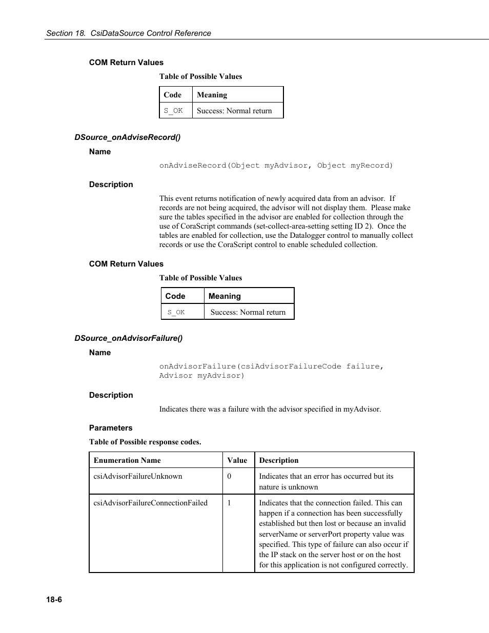 Com return values, Dsource_onadviserecord(), Name | Description, Dsource_onadvisorfailure(), Parameters | Campbell Scientific LoggerNet-SDK Software Development Kit User Manual | Page 130 / 178