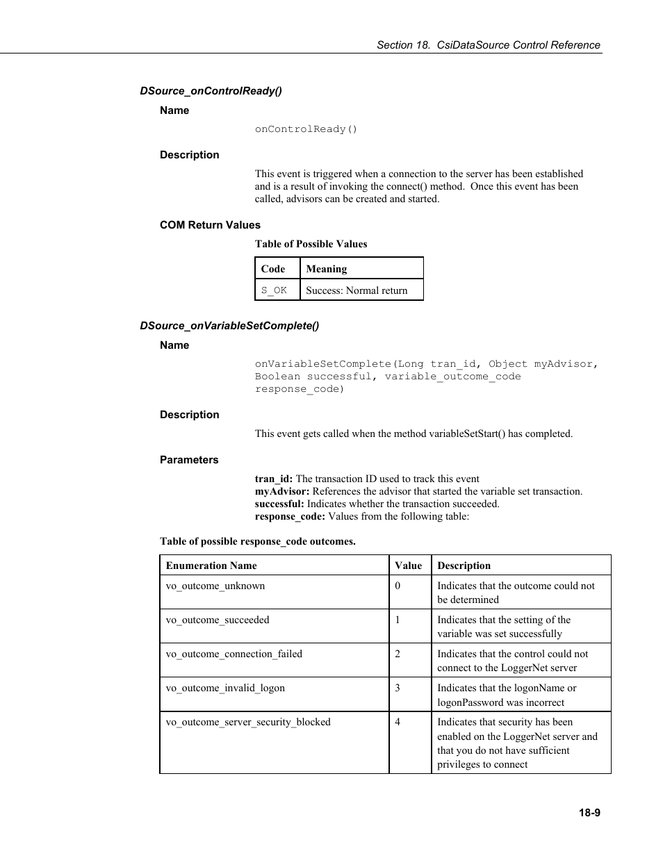 Dsource_oncontrolready(), Name, Description | Com return values, Dsource_onvariablesetcomplete(), Parameters | Campbell Scientific LoggerNet-SDK Software Development Kit User Manual | Page 133 / 178