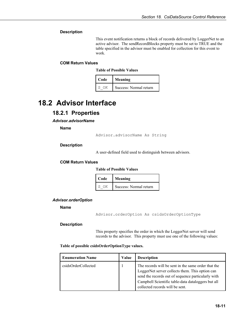 Description, Com return values, 2 advisor interface | 1 properties, Advisor.advisorname, Name, Advisor.orderoption, E orderoption | Campbell Scientific LoggerNet-SDK Software Development Kit User Manual | Page 135 / 178