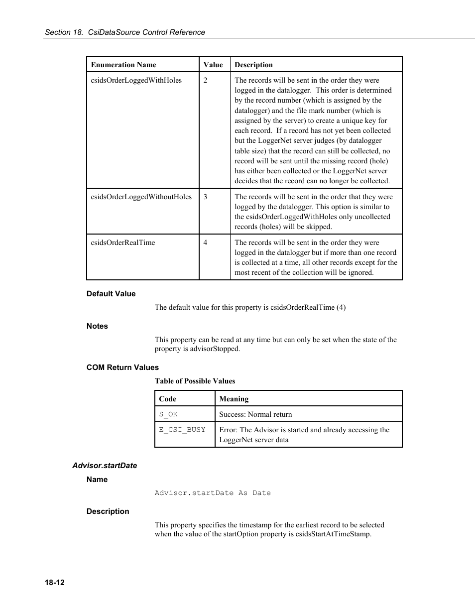 Default value, Notes, Com return values | Advisor.startdate, Name, Description | Campbell Scientific LoggerNet-SDK Software Development Kit User Manual | Page 136 / 178