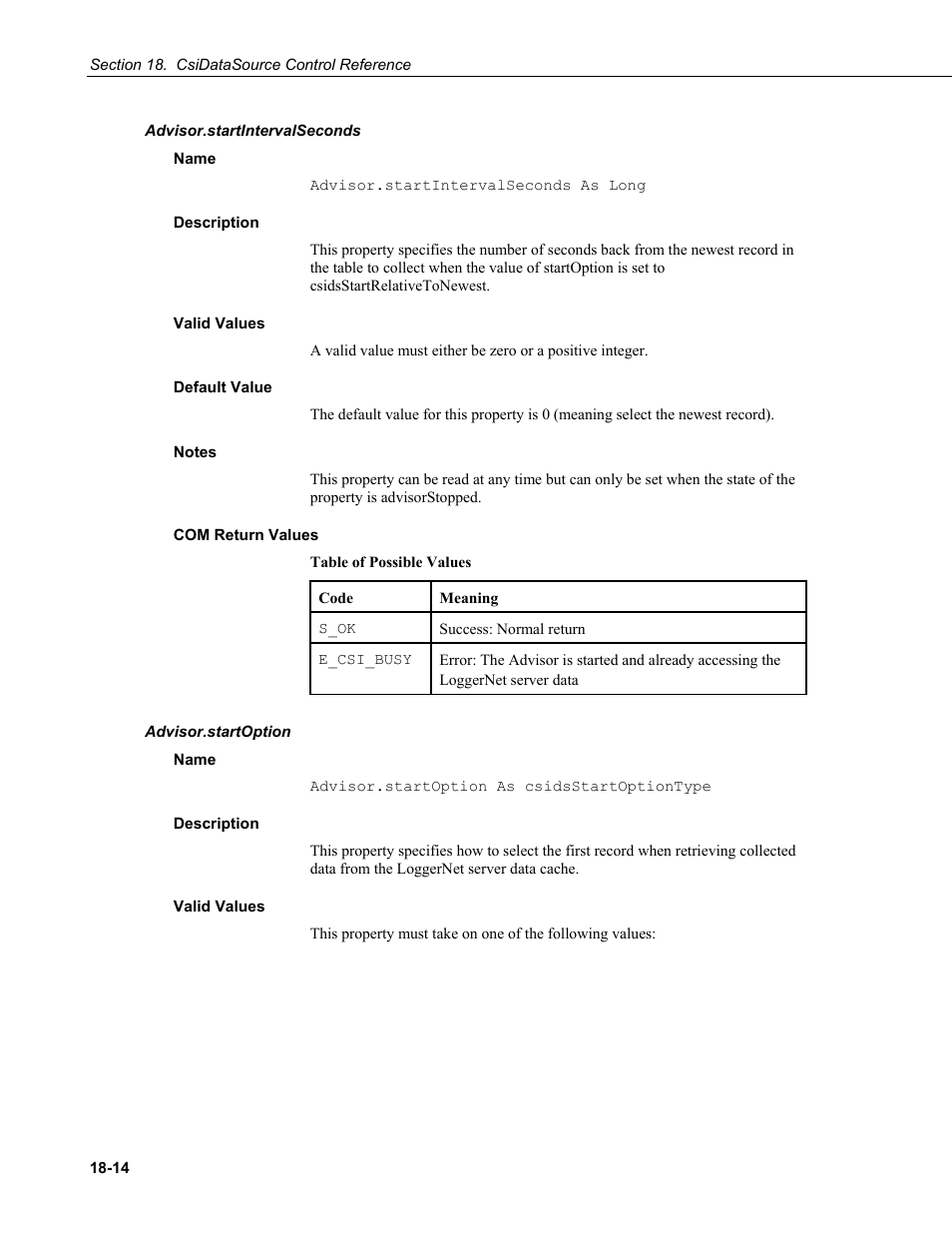 Advisor.startintervalseconds, Name, Description | Valid values, Default value, Notes, Com return values, Advisor.startoption, E startoption | Campbell Scientific LoggerNet-SDK Software Development Kit User Manual | Page 138 / 178