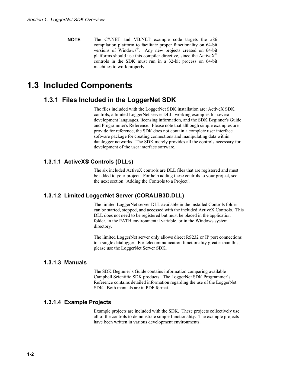 3 included components, 1 files included in the loggernet sdk, 1 activex® controls (dlls) | 2 limited loggernet server (coralib3d.dll), 3 manuals, 4 example projects | Campbell Scientific LoggerNet-SDK Software Development Kit User Manual | Page 14 / 178