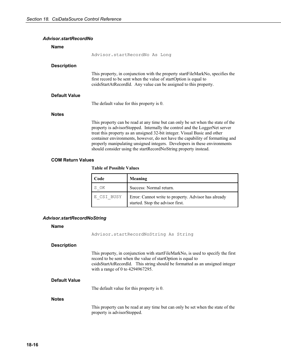 Advisor.startrecordno, Name, Description | Default value, Notes, Com return values, Advisor.startrecordnostring | Campbell Scientific LoggerNet-SDK Software Development Kit User Manual | Page 140 / 178