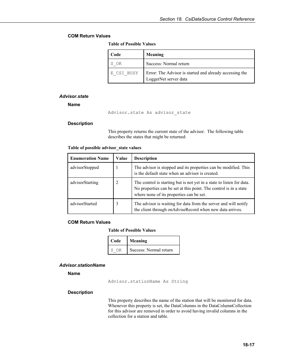 Com return values, Advisor.state, Name | Description, Advisor.stationname, Stationname | Campbell Scientific LoggerNet-SDK Software Development Kit User Manual | Page 141 / 178