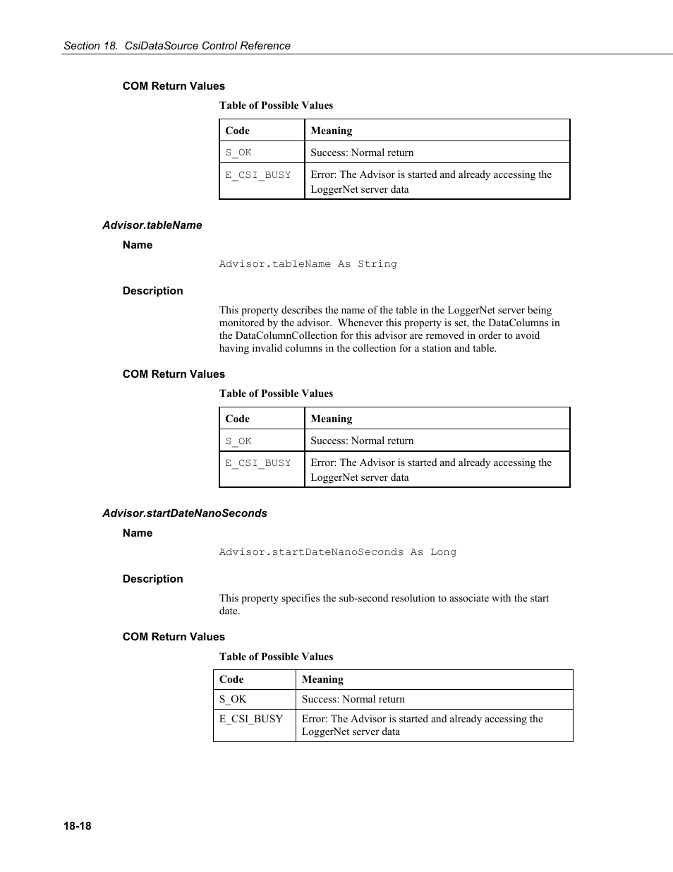 Com return values, Advisor.tablename, Name | Description, Advisor.startdatenanoseconds, By tablename | Campbell Scientific LoggerNet-SDK Software Development Kit User Manual | Page 142 / 178