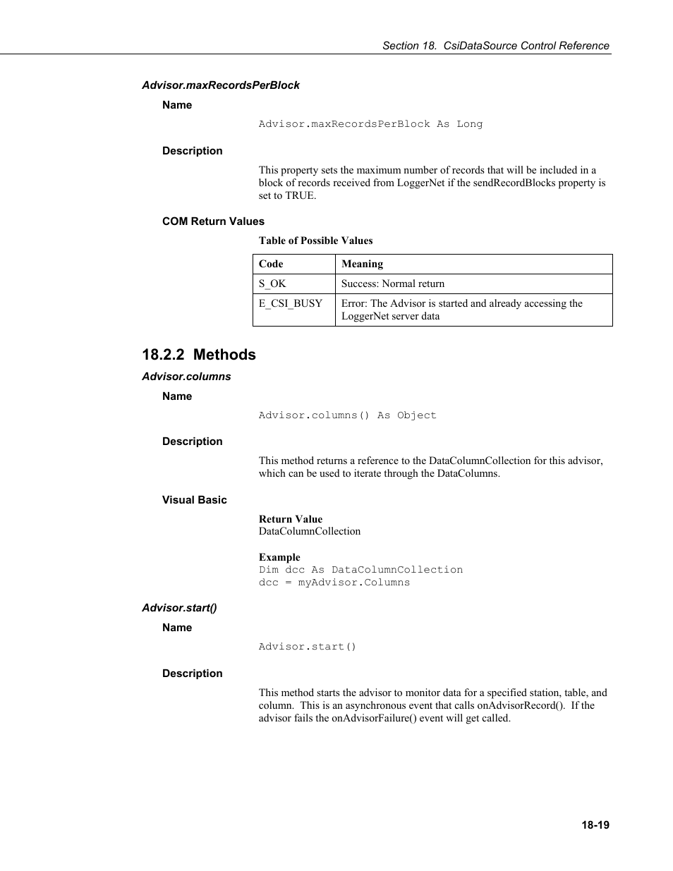 Advisor.maxrecordsperblock, Name, Description | Com return values, 2 methods, Advisor.columns, Visual basic, Advisor.start() | Campbell Scientific LoggerNet-SDK Software Development Kit User Manual | Page 143 / 178