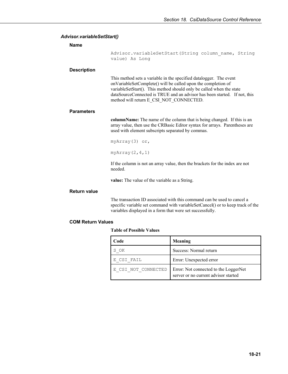 Advisor.variablesetstart(), Name, Description | Parameters, Return value, Com return values, Variablesetstart() has | Campbell Scientific LoggerNet-SDK Software Development Kit User Manual | Page 145 / 178