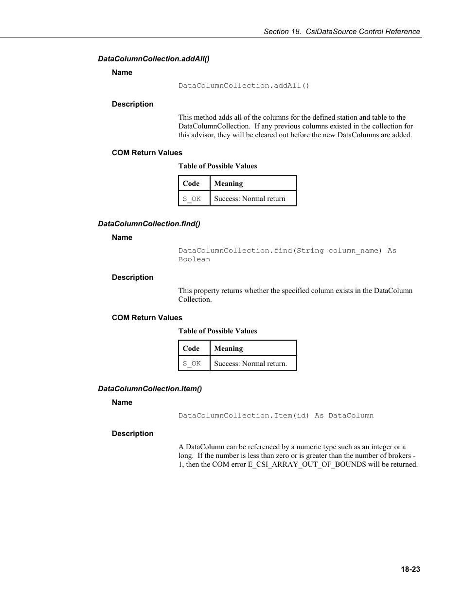 Datacolumncollection.addall(), Name, Description | Com return values, Datacolumncollection.find(), Datacolumncollection.item() | Campbell Scientific LoggerNet-SDK Software Development Kit User Manual | Page 147 / 178