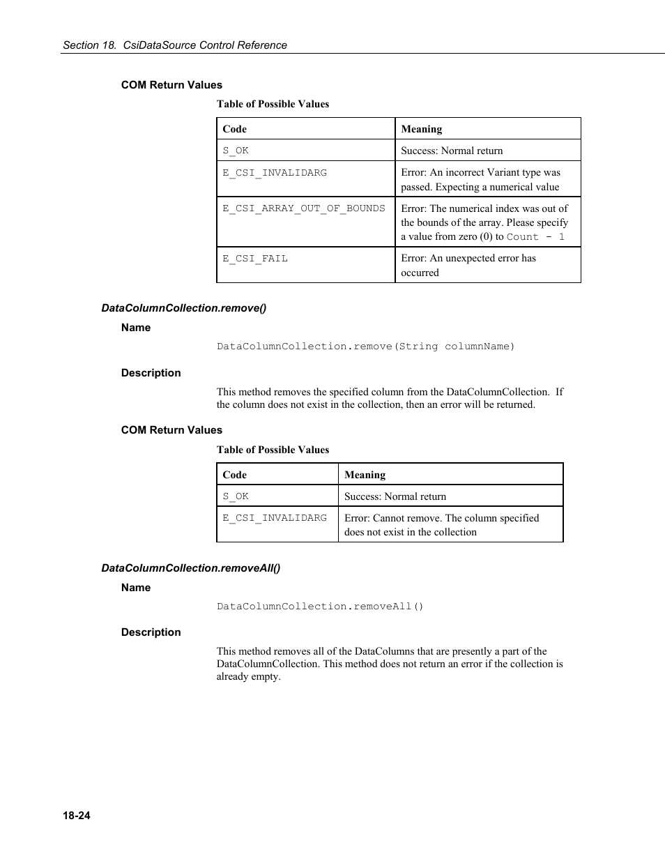 Com return values, Datacolumncollection.remove(), Name | Description, Datacolumncollection.removeall() | Campbell Scientific LoggerNet-SDK Software Development Kit User Manual | Page 148 / 178