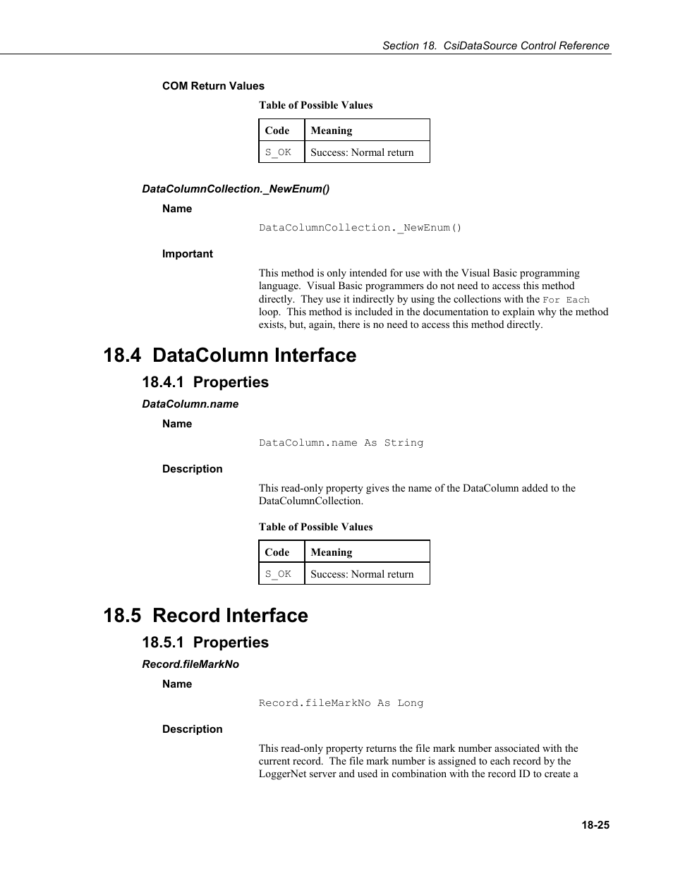 Com return values, Datacolumncollection._newenum(), Name | Important, 4 datacolumn interface, 1 properties, Datacolumn.name, Description, 5 record interface, Record.filemarkno | Campbell Scientific LoggerNet-SDK Software Development Kit User Manual | Page 149 / 178