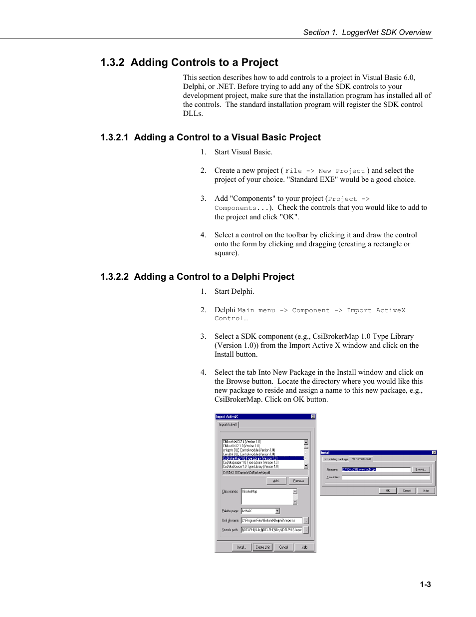 2 adding controls to a project, 1 adding a control to a visual basic project, 2 adding a control to a delphi project | Campbell Scientific LoggerNet-SDK Software Development Kit User Manual | Page 15 / 178