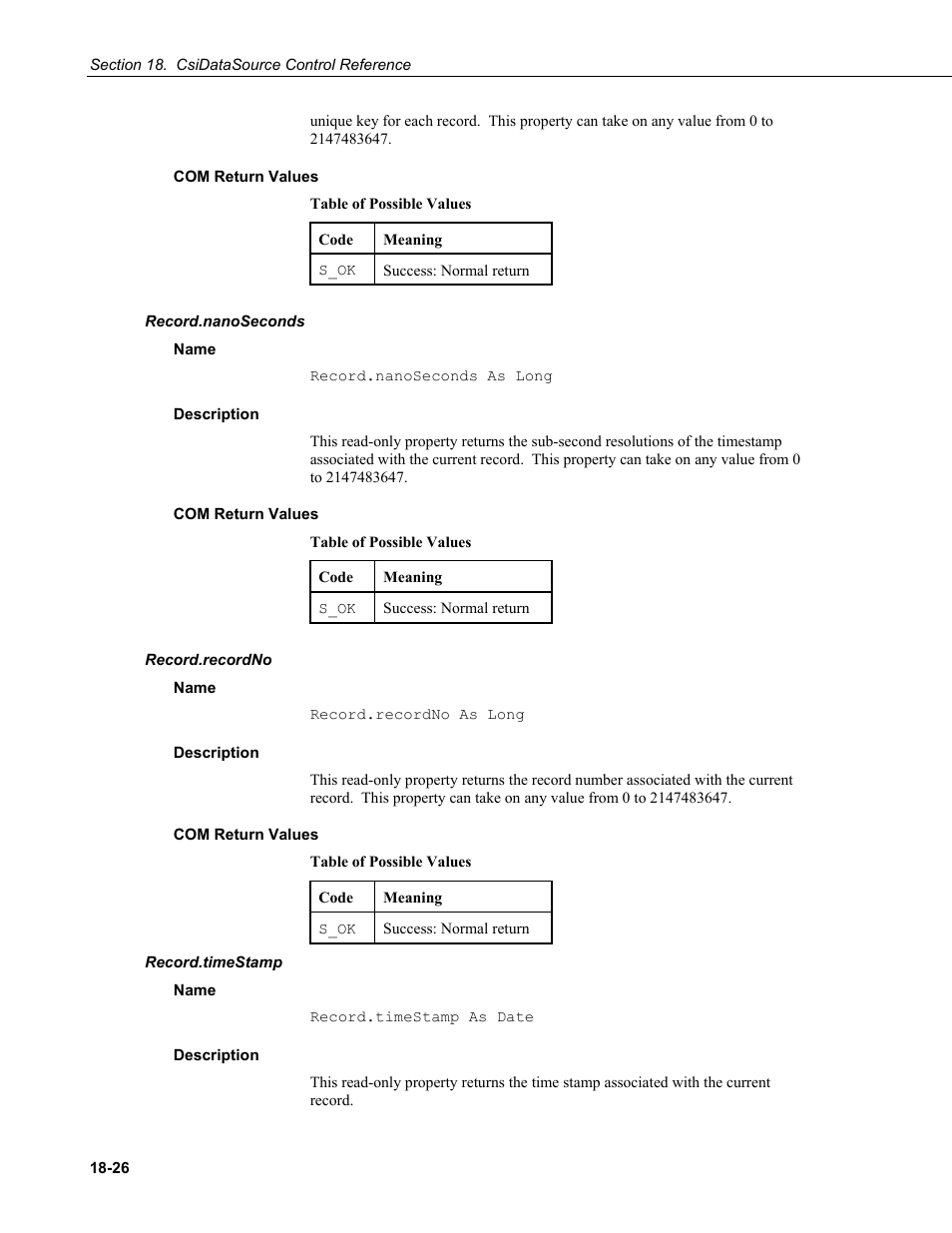 Com return values, Record.nanoseconds, Name | Description, Record.recordno, Record.timestamp | Campbell Scientific LoggerNet-SDK Software Development Kit User Manual | Page 150 / 178