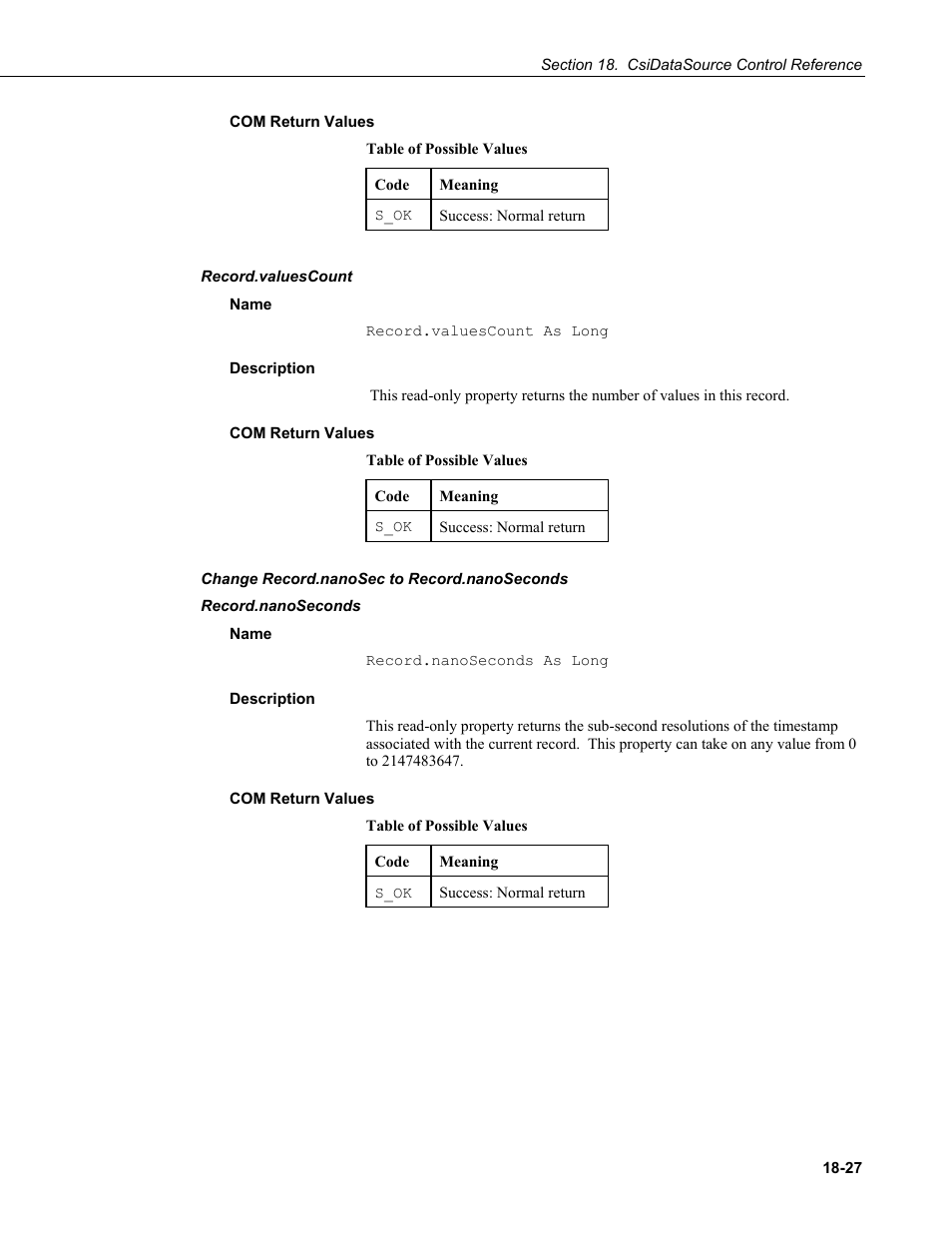 Com return values, Record.valuescount, Name | Description, Change record.nanosec to record.nanoseconds, Record.nanoseconds | Campbell Scientific LoggerNet-SDK Software Development Kit User Manual | Page 151 / 178