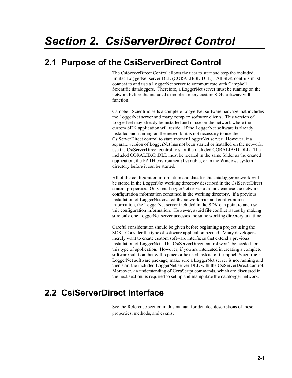 Section 2. csiserverdirect control, 1 purpose of the csiserverdirect control, 2 csiserverdirect interface | Campbell Scientific LoggerNet-SDK Software Development Kit User Manual | Page 17 / 178