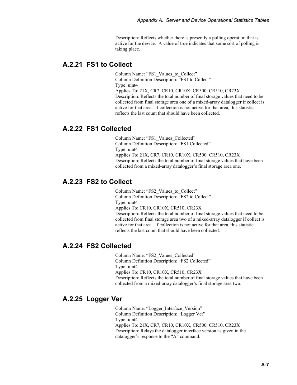 A.2.21 fs1 to collect, A.2.22 fs1 collected, A.2.23 fs2 to collect | A.2.24 fs2 collected, A.2.25 logger ver | Campbell Scientific LoggerNet-SDK Software Development Kit User Manual | Page 173 / 178