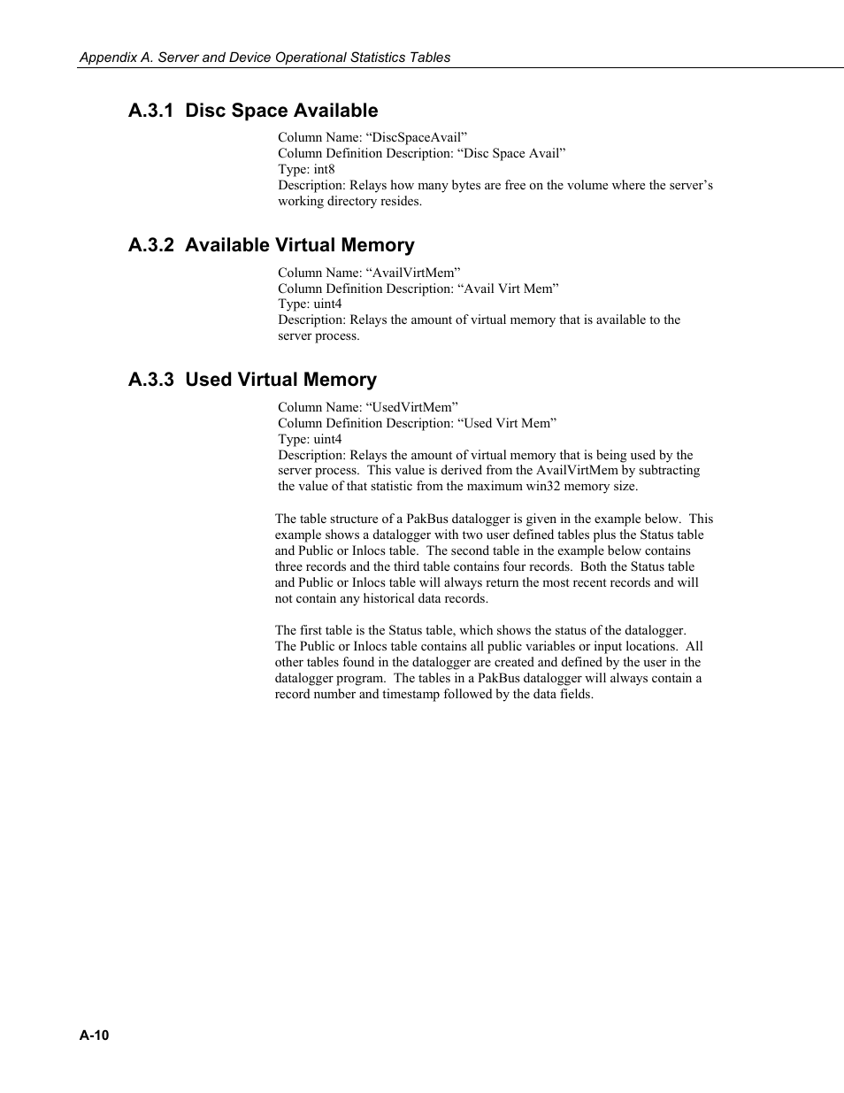 A.3.1 disc space available, A.3.2 available virtual memory, A.3.3 used virtual memory | Campbell Scientific LoggerNet-SDK Software Development Kit User Manual | Page 176 / 178