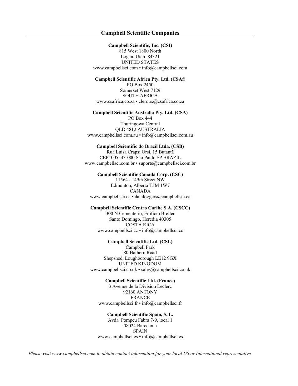 Campbell scientific contact information | Campbell Scientific LoggerNet-SDK Software Development Kit User Manual | Page 178 / 178