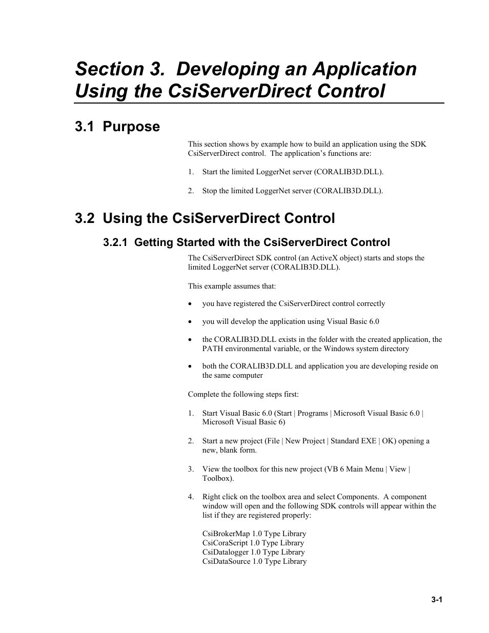 1 purpose, 2 using the csiserverdirect control, 1 getting started with the csiserverdirect control | Campbell Scientific LoggerNet-SDK Software Development Kit User Manual | Page 19 / 178