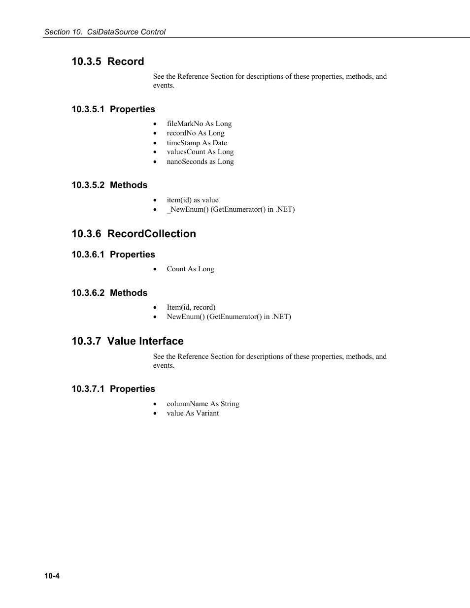 5 record, 1 properties, 2 methods | 6 recordcollection, 7 value interface | Campbell Scientific LoggerNet-SDK Software Development Kit User Manual | Page 54 / 178