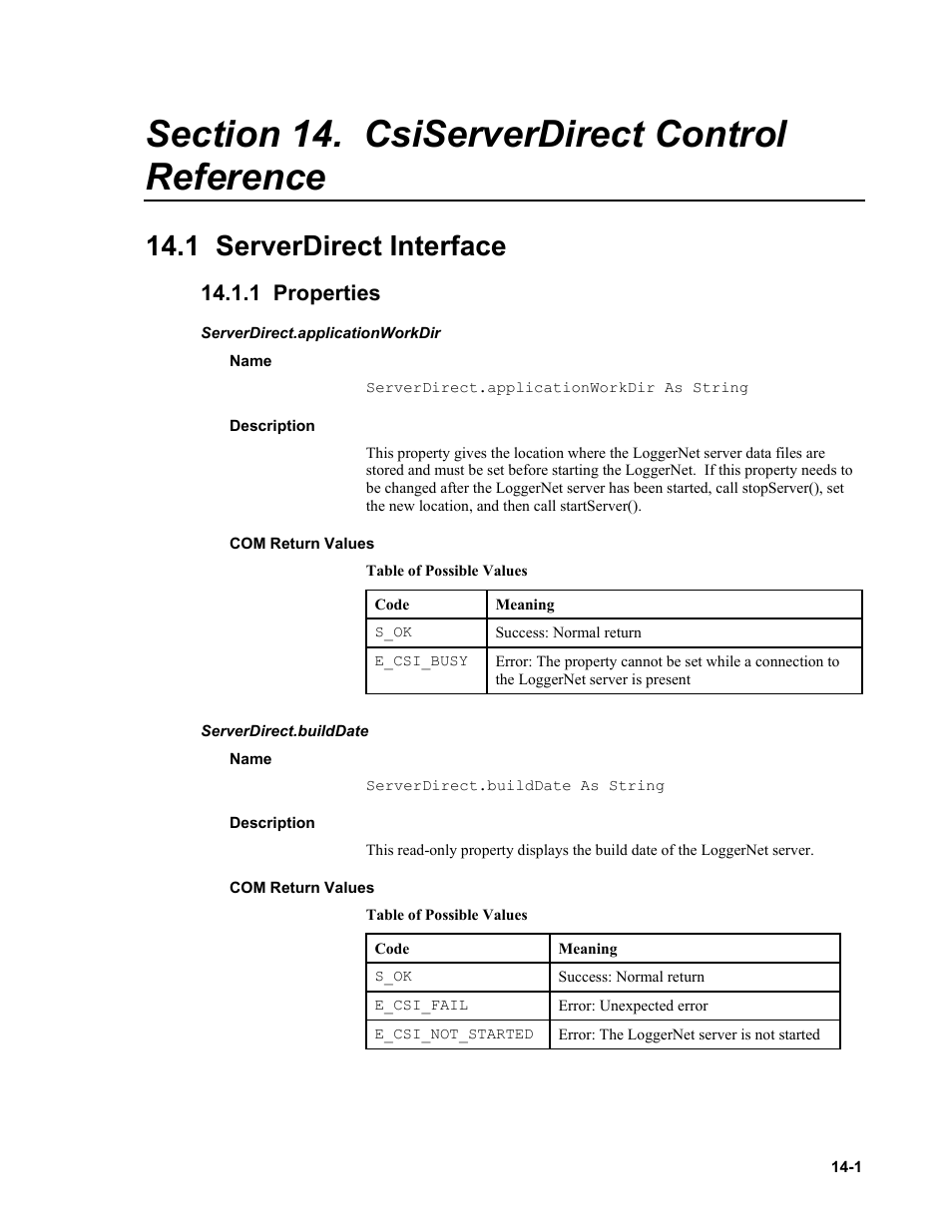 Section 14. csiserverdirect control reference, 1 serverdirect interface, 1 properties | Serverdirect.applicationworkdir, Name, Description, Com return values, Serverdirect.builddate | Campbell Scientific LoggerNet-SDK Software Development Kit User Manual | Page 65 / 178