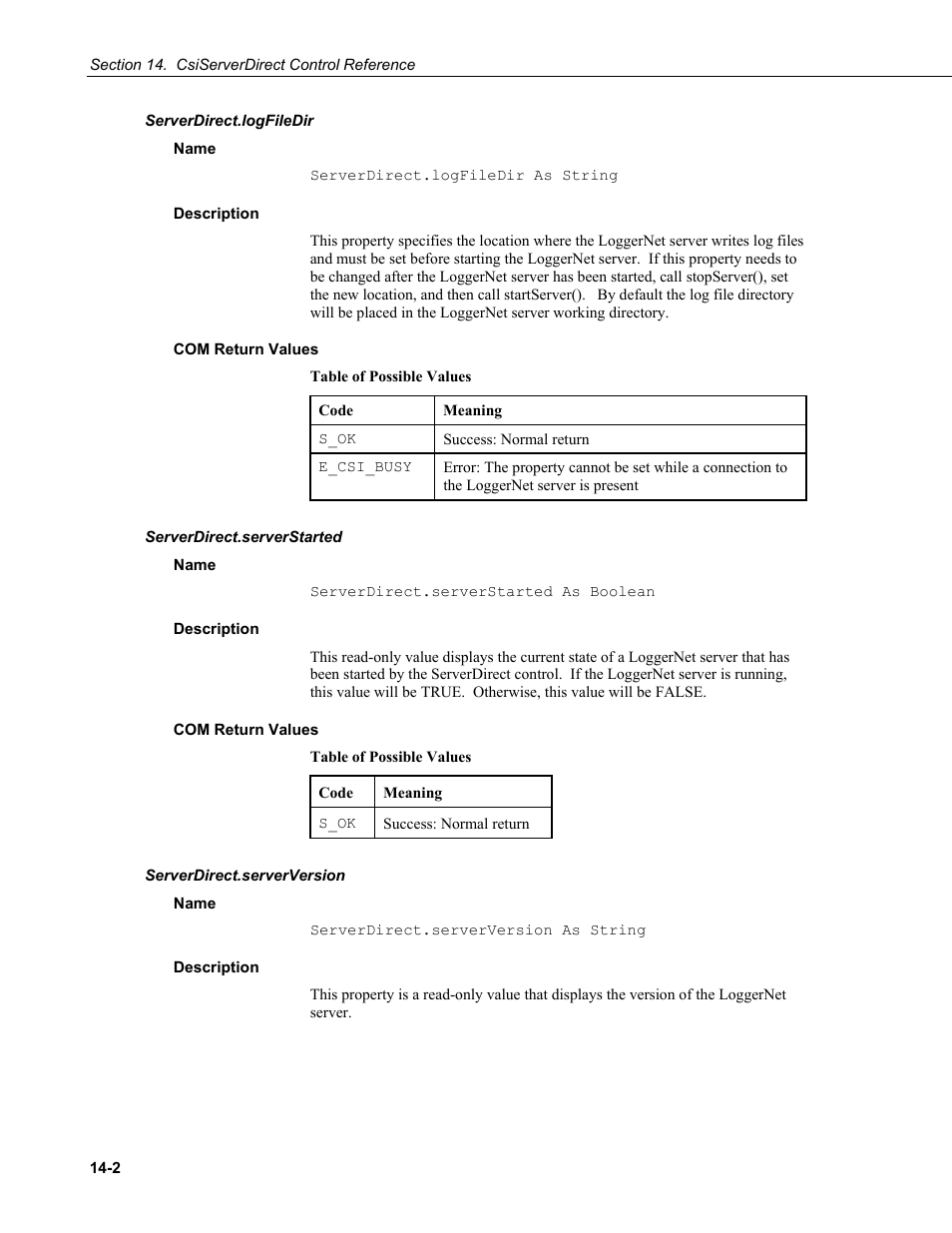 Serverdirect.logfiledir, Name, Description | Com return values, Serverdirect.serverstarted, Serverdirect.serverversion | Campbell Scientific LoggerNet-SDK Software Development Kit User Manual | Page 66 / 178