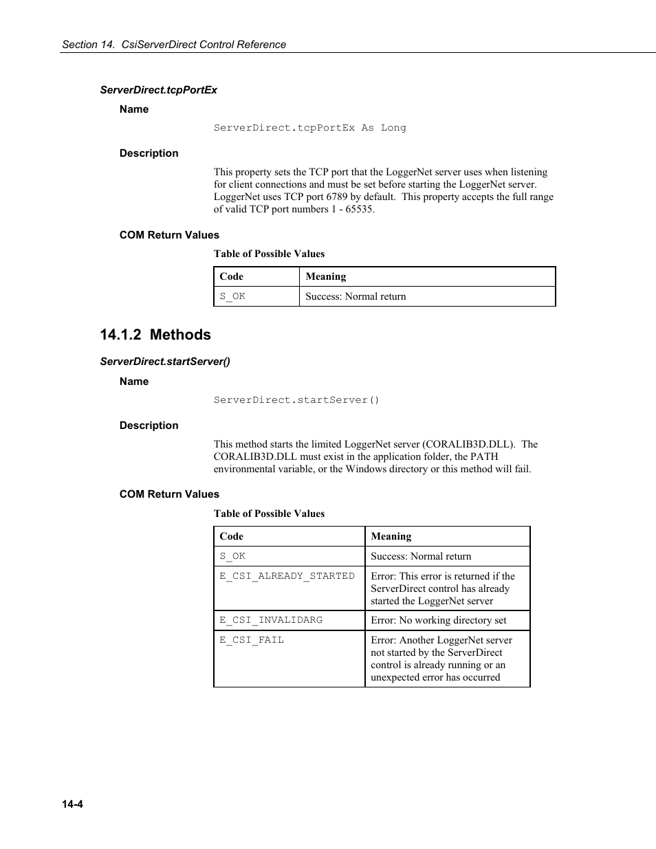 Serverdirect.tcpportex, Name, Description | Com return values, 2 methods, Serverdirect.startserver() | Campbell Scientific LoggerNet-SDK Software Development Kit User Manual | Page 68 / 178