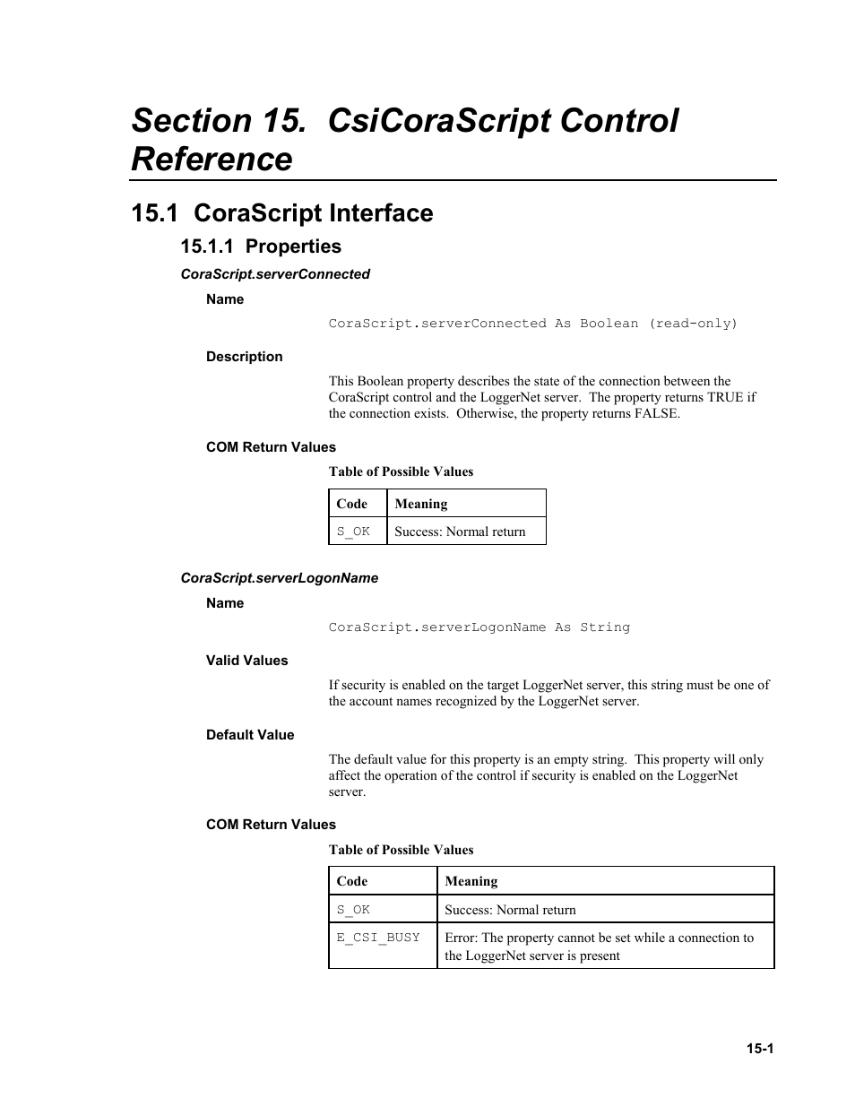 Section 15. csicorascript control reference, 1 corascript interface, 1 properties | Corascript.serverconnected, Name, Description, Com return values, Corascript.serverlogonname, Valid values, Default value | Campbell Scientific LoggerNet-SDK Software Development Kit User Manual | Page 71 / 178