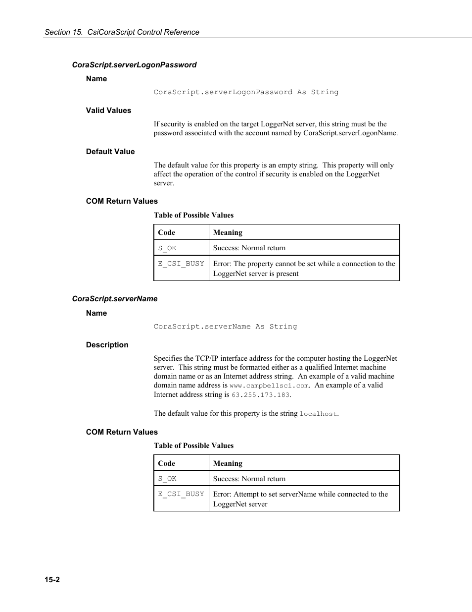 Corascript.serverlogonpassword, Name, Valid values | Default value, Com return values, Corascript.servername, Description | Campbell Scientific LoggerNet-SDK Software Development Kit User Manual | Page 72 / 178