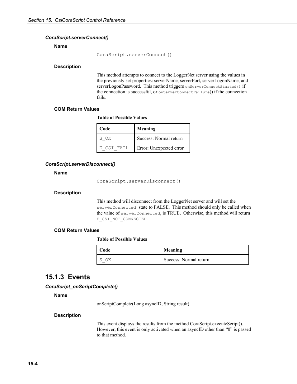 Corascript.serverconnect(), Name, Description | Com return values, Corascript.serverdisconnect(), 3 events, Corascript_onscriptcomplete() | Campbell Scientific LoggerNet-SDK Software Development Kit User Manual | Page 74 / 178
