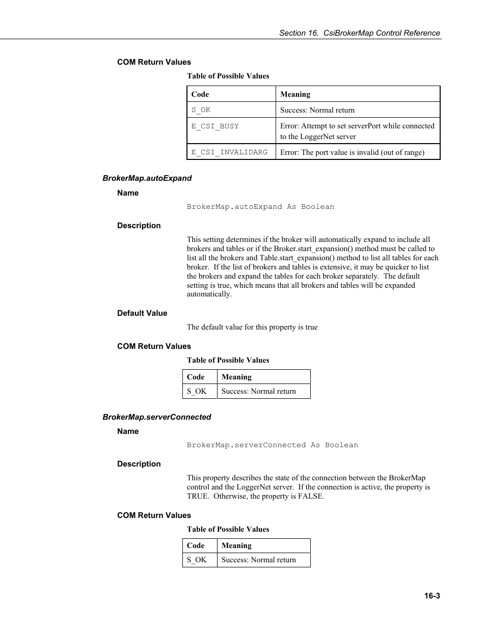 Com return values, Brokermap.autoexpand, Name | Description, Default value, Brokermap.serverconnected | Campbell Scientific LoggerNet-SDK Software Development Kit User Manual | Page 79 / 178