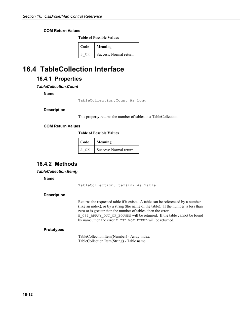 Com return values, 4 tablecollection interface, 1 properties | Tablecollection.count, Name, Description, 2 methods, Tablecollection.item(), Prototypes | Campbell Scientific LoggerNet-SDK Software Development Kit User Manual | Page 88 / 178