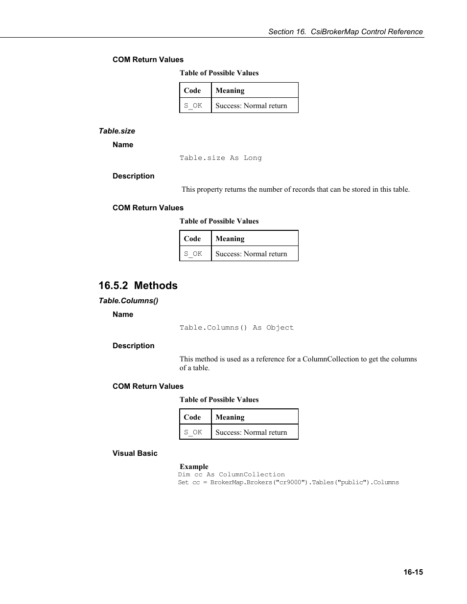 Com return values, Table.size, Name | Description, 2 methods, Table.columns(), Visual basic | Campbell Scientific LoggerNet-SDK Software Development Kit User Manual | Page 91 / 178