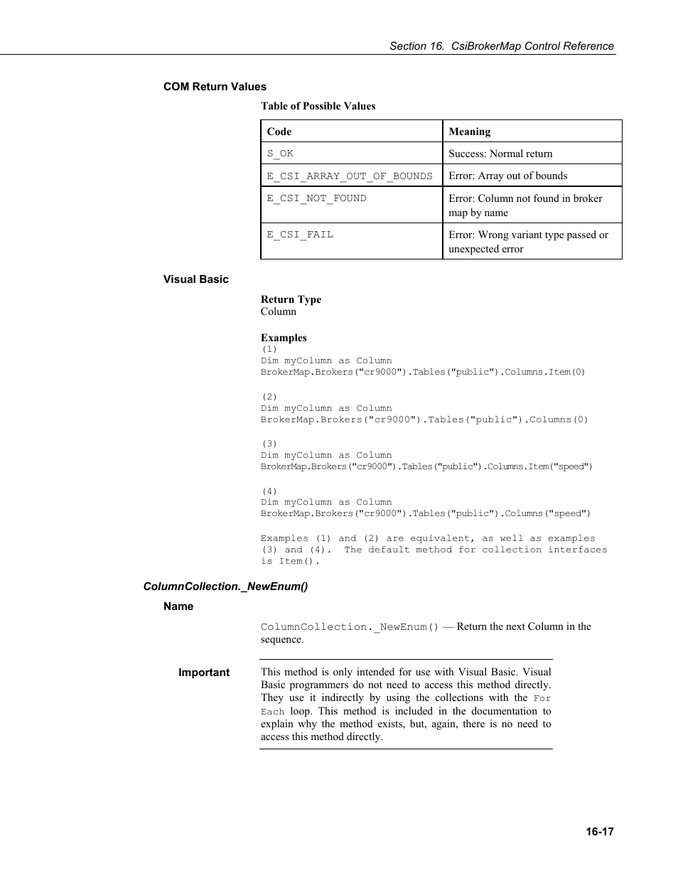 Com return values, Visual basic, Columncollection._newenum() | Name | Campbell Scientific LoggerNet-SDK Software Development Kit User Manual | Page 93 / 178
