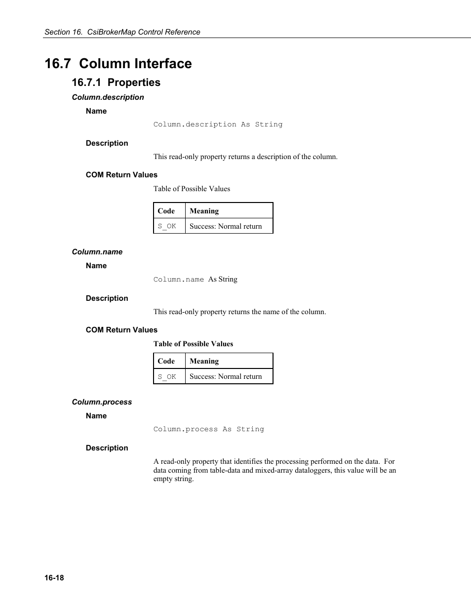 7 column interface, 1 properties, Column.description | Name, Description, Com return values, Column.name, Column.process | Campbell Scientific LoggerNet-SDK Software Development Kit User Manual | Page 94 / 178