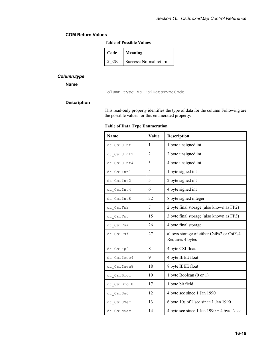 Com return values, Column.type, Name | Description | Campbell Scientific LoggerNet-SDK Software Development Kit User Manual | Page 95 / 178