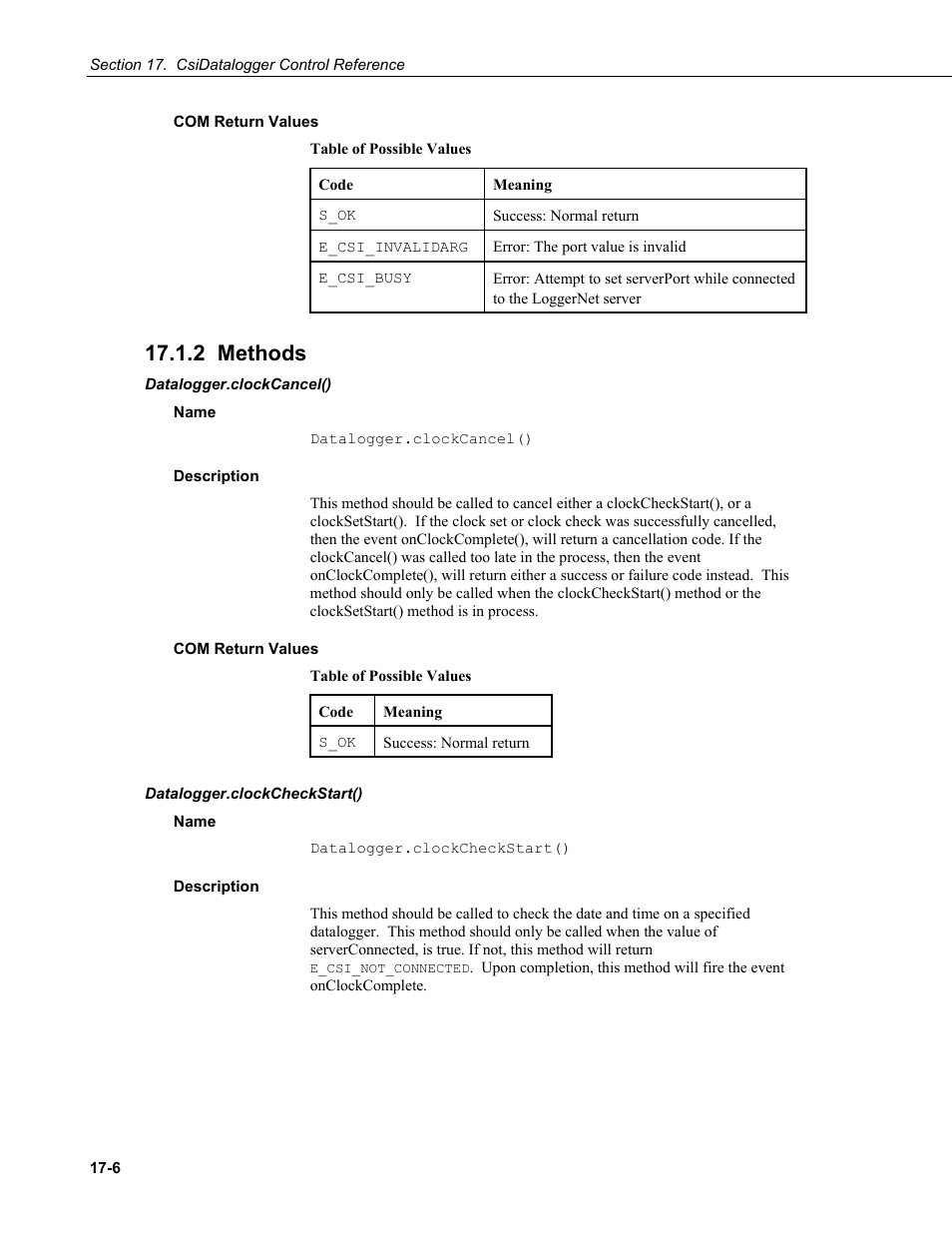 Com return values, 2 methods, Datalogger.clockcancel() | Name, Description, Datalogger.clockcheckstart() | Campbell Scientific LoggerNet Server SDK User Manual | Page 104 / 178
