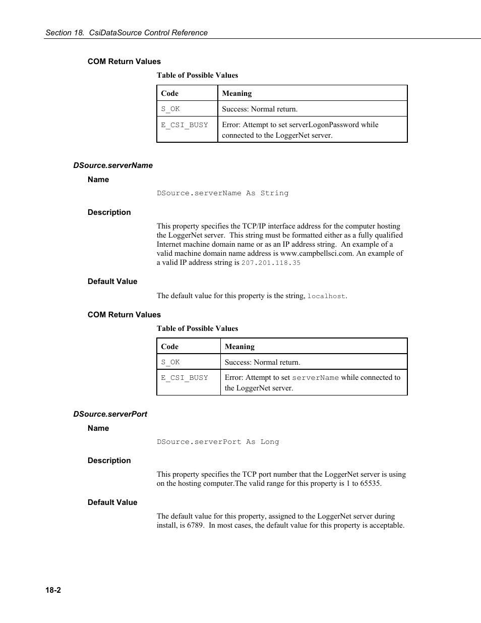 Com return values, Dsource.servername, Name | Description, Default value, Dsource.serverport | Campbell Scientific LoggerNet Server SDK User Manual | Page 126 / 178