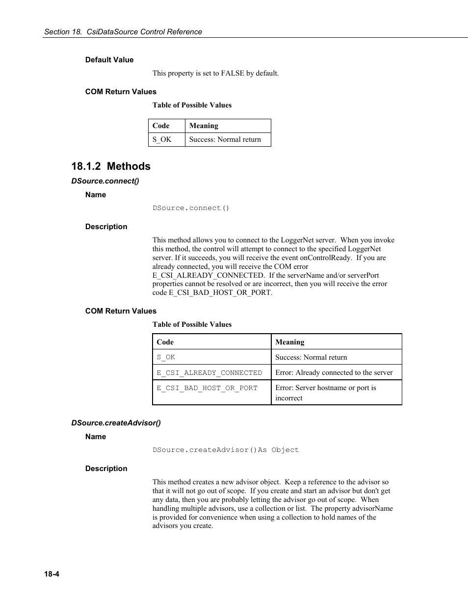 Default value, Com return values, 2 methods | Dsource.connect(), Name, Description, Dsource.createadvisor(), Connect m, Connect method | Campbell Scientific LoggerNet Server SDK User Manual | Page 128 / 178