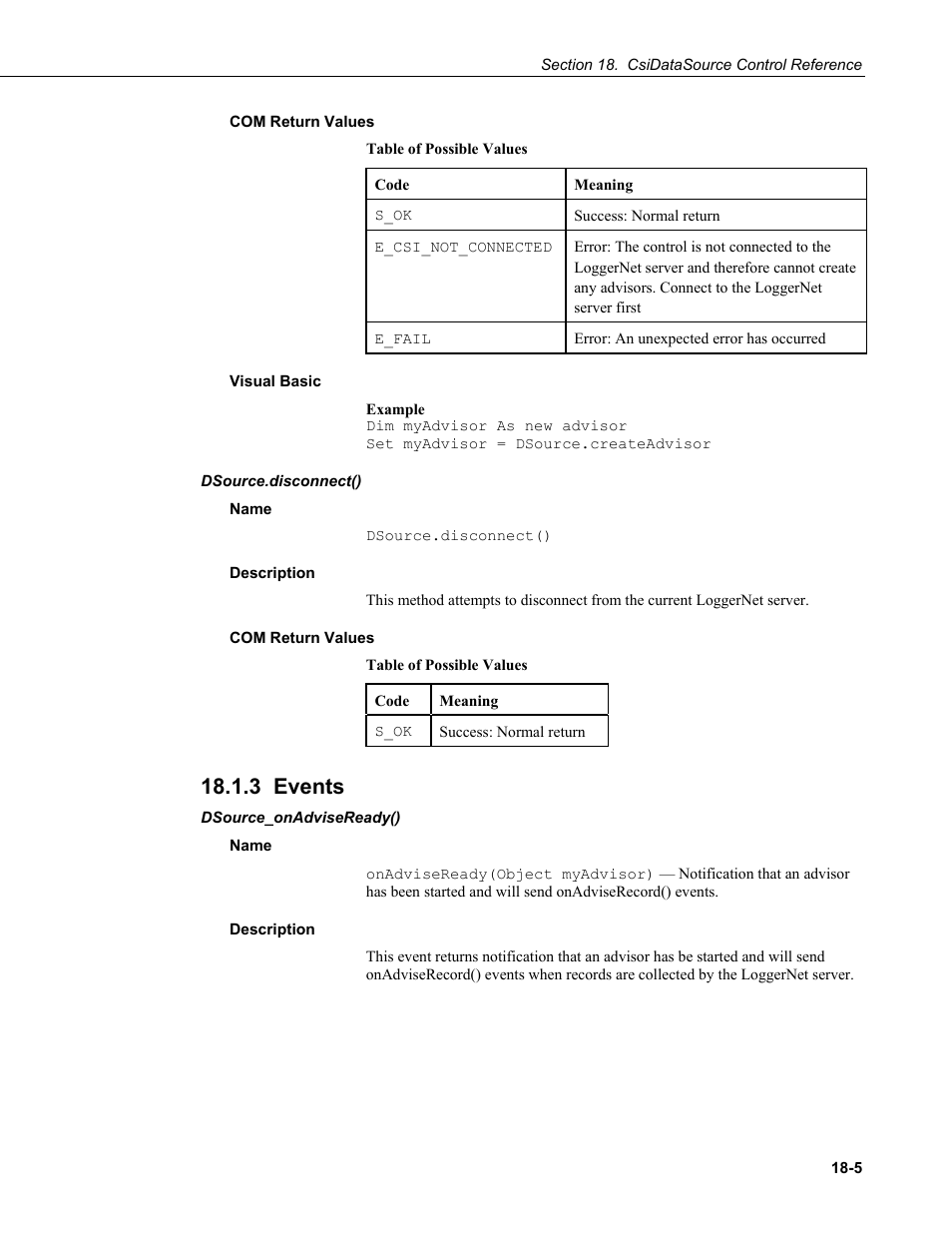 Com return values, Visual basic, Dsource.disconnect() | Name, Description, 3 events, Dsource_onadviseready() | Campbell Scientific LoggerNet Server SDK User Manual | Page 129 / 178