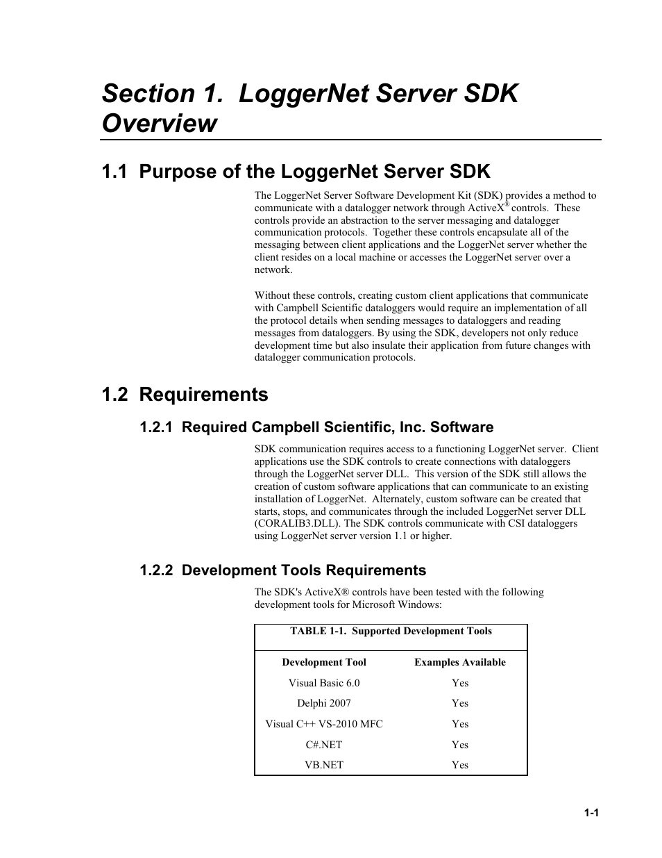 Section 1. loggernet server sdk overview, 1 purpose of the loggernet server sdk, 2 requirements | 1 required campbell scientific, inc. software, 2 development tools requirements | Campbell Scientific LoggerNet Server SDK User Manual | Page 13 / 178