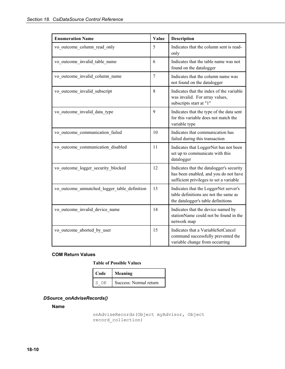 Com return values, Dsource_onadviserecords(), Name | Campbell Scientific LoggerNet Server SDK User Manual | Page 134 / 178