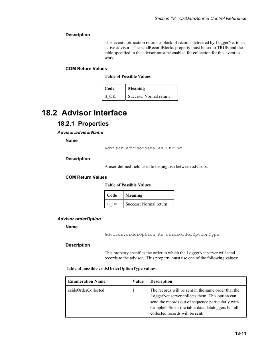 Description, Com return values, 2 advisor interface | 1 properties, Advisor.advisorname, Name, Advisor.orderoption, E orderoption | Campbell Scientific LoggerNet Server SDK User Manual | Page 135 / 178